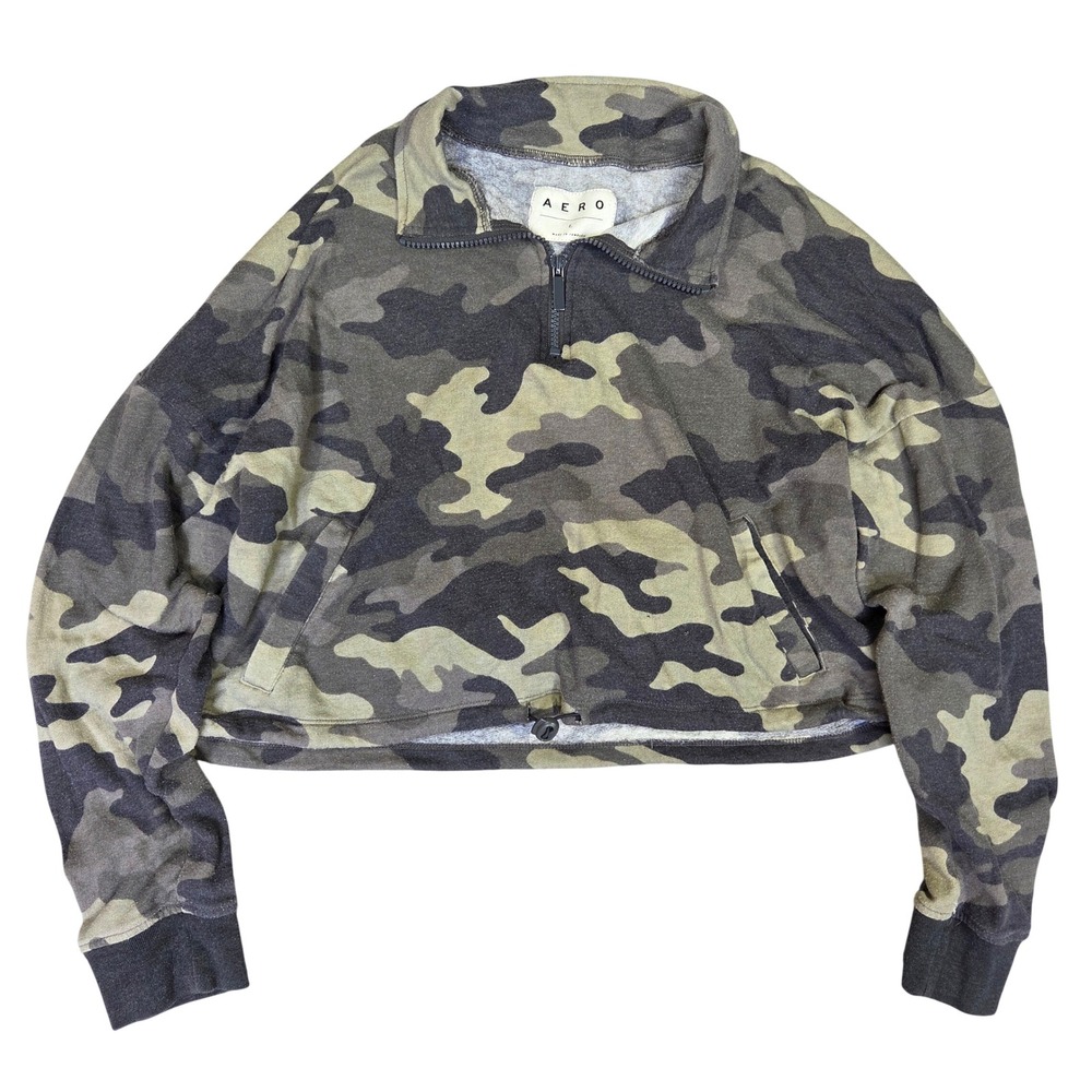 Aeropostale Womens Camo Quarter Zip Cropped Sweatshirt Green Brown Large Casual